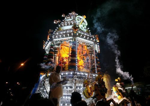 The silver chariot during its journey to Batu Caves