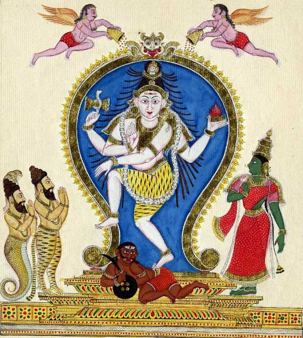 Lord Siva Nataraja dances the ananda tandava, the eternal dance of creation and destruction, as His consort Uma Devi and the sages Vyagrapadha and Patanjali behold His blissful dance in Chidambaram.