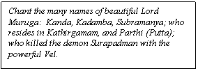 Text Box: Chant the many names of beautiful Lord Muruga:  Kanda, Kadamba, Subramanya; who resides in Kathirgamam, and Parthi (Putta); who killed the demon Surapadman with the powerful Vel.

