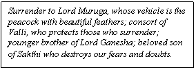 Text Box: Surrender to Lord Muruga, whose vehicle is the peacock with beautiful feathers; consort of Valli, who protects those who surrender; younger brother of Lord Ganesha; beloved son of Sakthi who destroys our fears and doubts.
