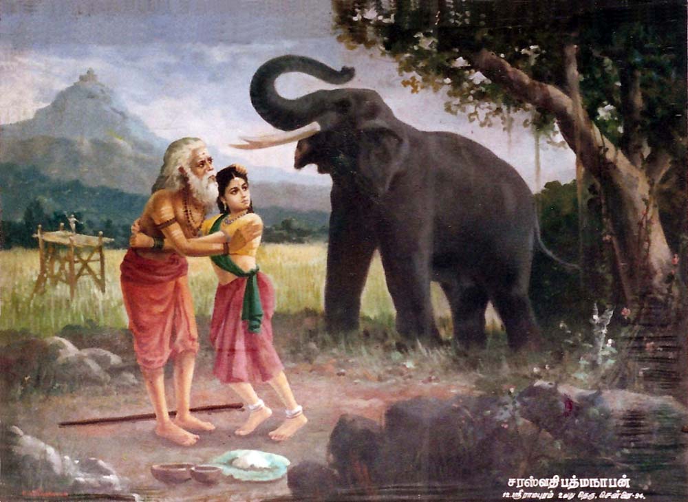 At that moment, Murugan invoked the help of his brother Vināyaka who appeared behind Valli in the shape of a frightening elephant. The terror-stricken girl rushed into the arms of the elderly ascetic for protection. Painting from Tiruttani Devasthanam.