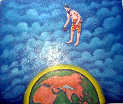 Bhogar, traversing the sky, observes faraway places like Arabia, Rome, and China.