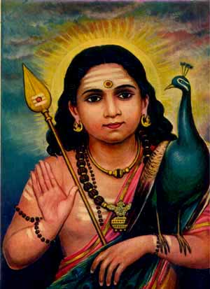Śrī Gnana Pandita (18558 bytes -- worth waiting 
for!) Murugan the Gnana Pandita or Expositor of Gnosis with His 
symbols the Vel Ayudha or Spear of Wisdom and vehicle/totem the 
Peacock = Phoenix. Behind Him rises the morning Sun symbolising 
bodhi (the awakened mind).