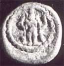 Standing Karttikeya with peacock on copper coin of Raghunatha Nayak, Tanjavur 17th cent.