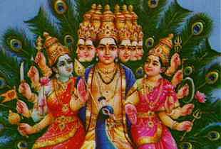 Lord Murugan with his divine consorts Valli and Teyvayanai