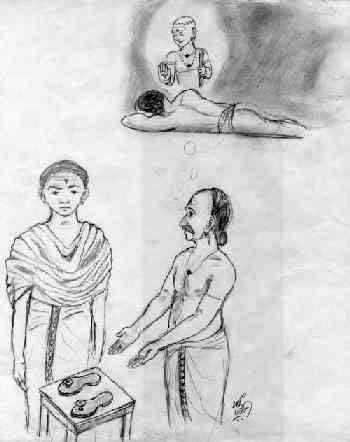 Pamban Swami accepts sandals from shoemaker who was ordered in a dream
