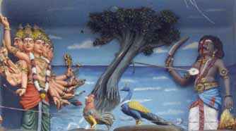Tiruchendur: Lord Senthil Andavar with His Vel shatters the magic of His Titan-Adversary. (15648 bytes)