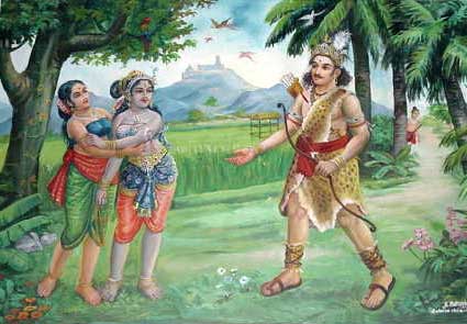 Murugan assumed the form of a hunter and, as soon as he arrived at Valli's field, he addressed the lovely girl 